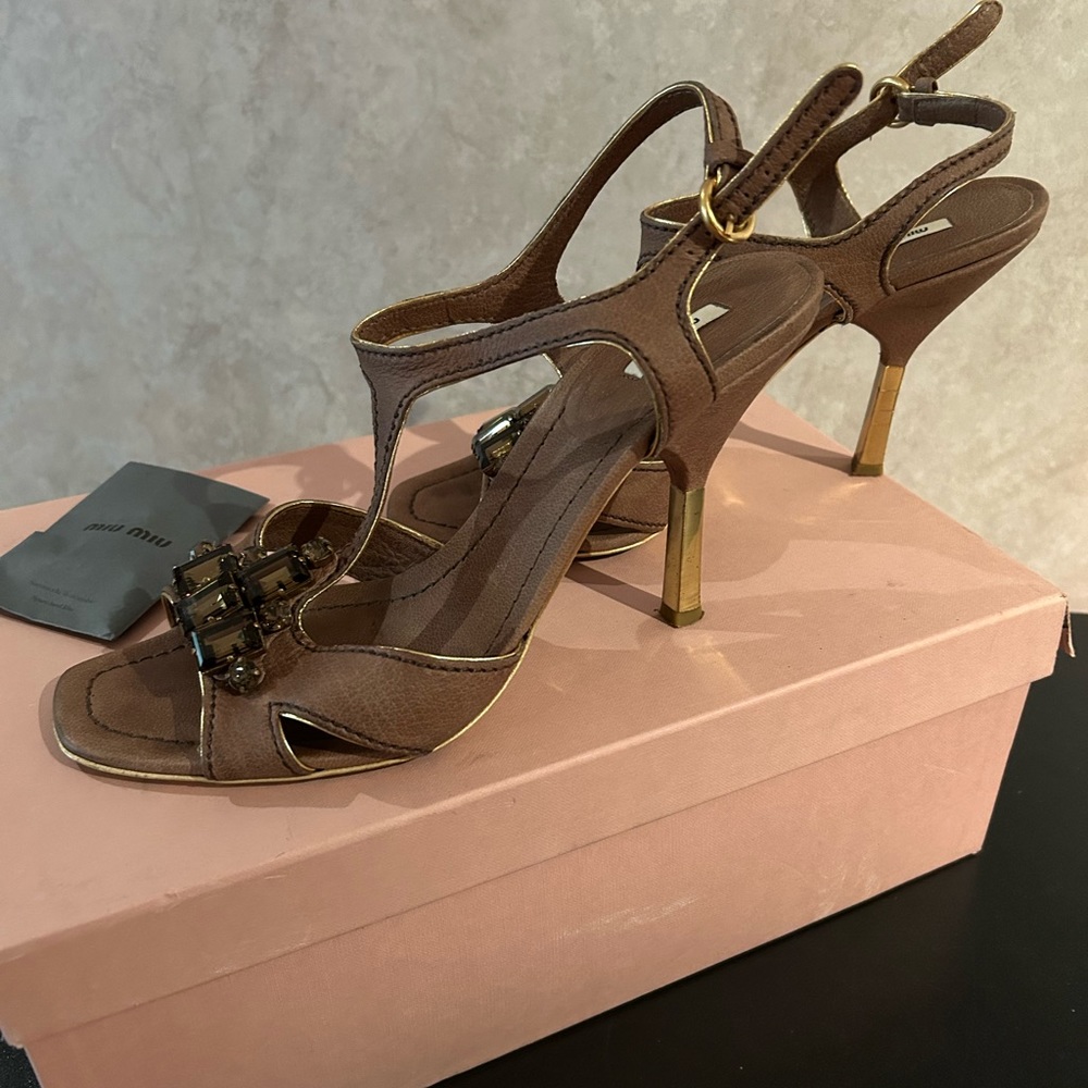 Miu Miu brown suede heeled sandals with Gold accents and rhinestones